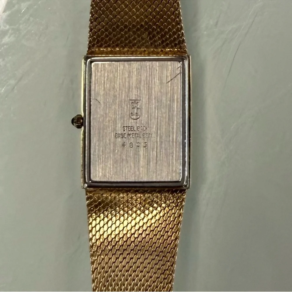 Vintage‎ Jules Jurgensen Tank Watch Gold Tone Mesh Band diamond accent